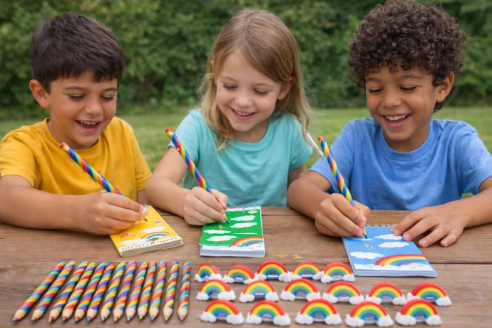 carnet, gommes, crayon arc en ciel pour cadeau enfant