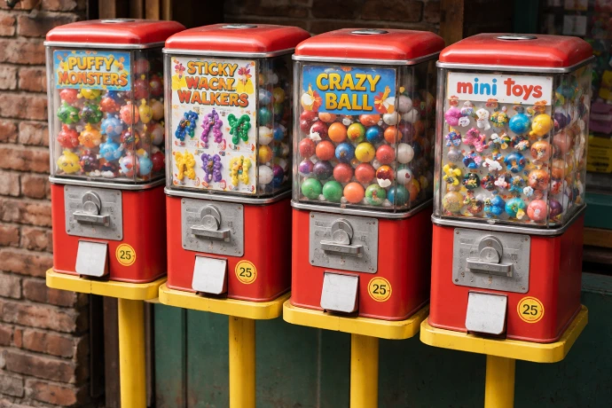 Distributeur à bonbons années 80 et petits jouets vintage