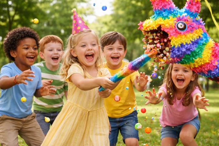 enfants qui cassent une pinata avec jouets et bonbons