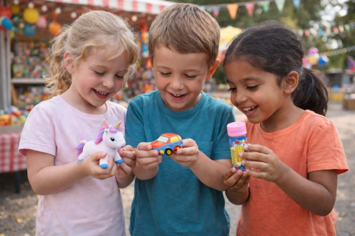 enfants découvrent petits jouets de la kermesse