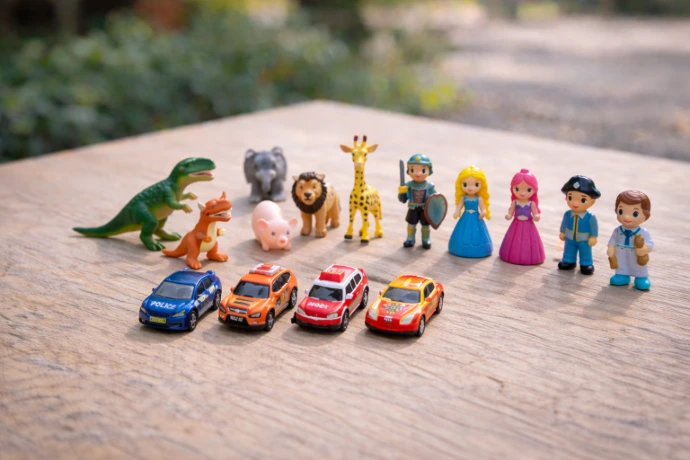 figurines, voitures, héros pour pochettes