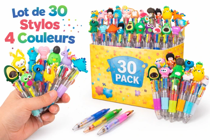 30 stylos 4 couleurs avec personnages, fruits