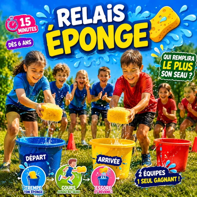 Jeu relais épongé, jeu d'eau enfant